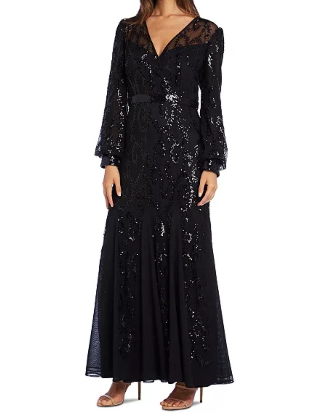 R&M Richards Black Sequin Long Sleeve V-Neck Evening Gown